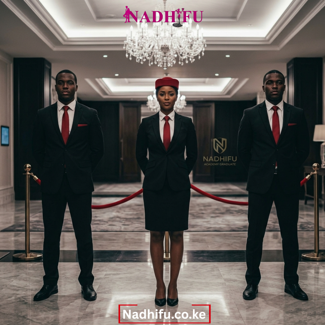 A synchronized lineup of Nadhifu Academy-trained liaisons in Black & Red protocol uniforms, demonstrating precision guest flow at a luxury brand launch
